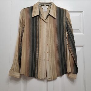 Jones New York, 100% silk long sleeve striped tan, olive and green blouse